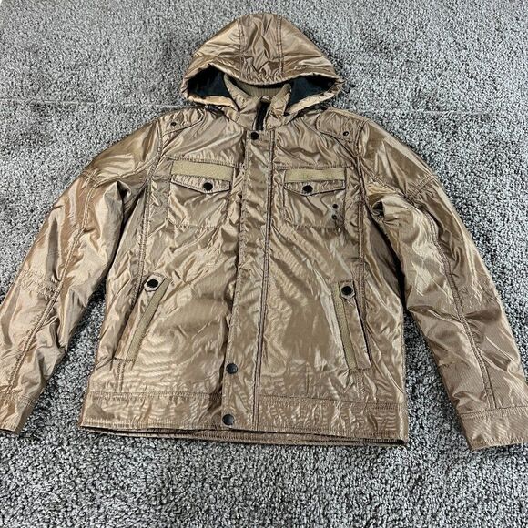 Platini Jacket Mens Large Gold Hooded Full Zip Faux Fur Lined Coat - Picture 1 of 14